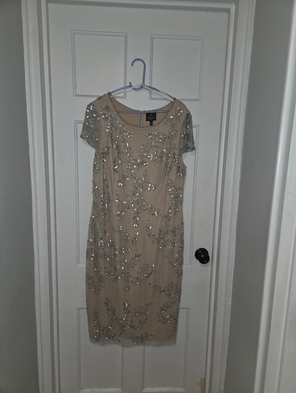 Adrianna Papell Taupe Beaded Sheath Dress with Silver Embellishment - Picture 2 of 4